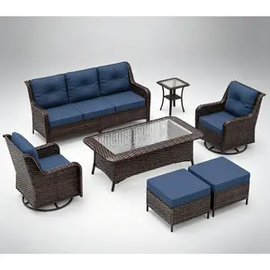 3-Seat Modern Outdoor Furniture Set - Weatherproof Woven Rattan Patio Furniture Set with High Back, Thick Cushions & Coffee Table for Porch, Backyard