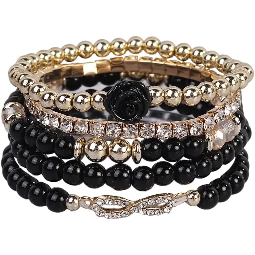 Rose Flower Charms Stackable Bracelets Multilayer Stretch Rhinestone Beaded Flower Wristlet Set Elegant Rose Bracelets  Party Gifts for Women