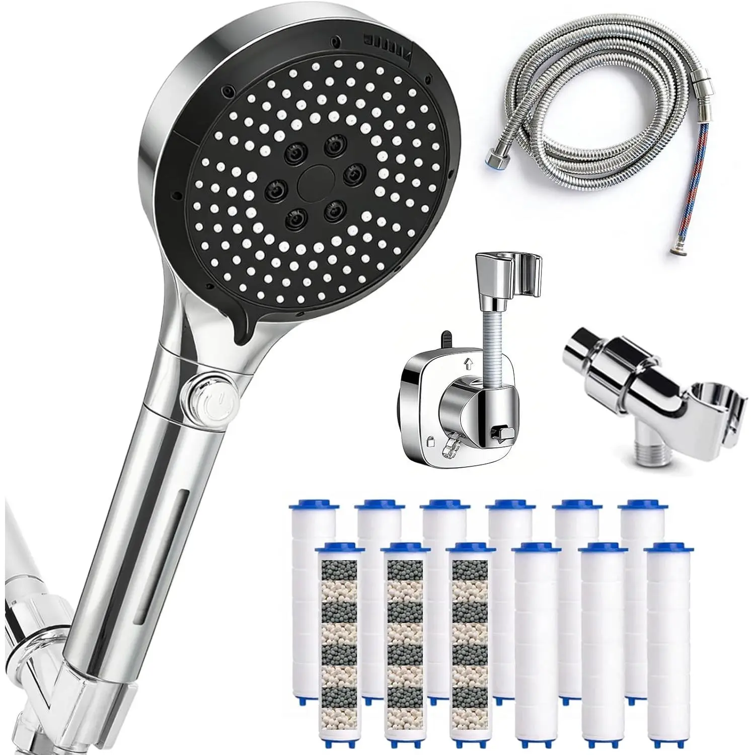 Handheld shower head with filter - High-pressure shower head with 6 spray modes, equipped with a removable holder and 75inch explosion-proof hose| 12 replaceable hard water softener filters