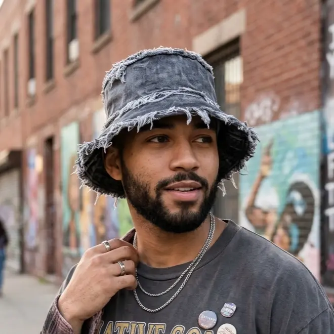 New washed, distressed, raw-edge reversible bucket hat—unisex Japanese-style streetwear, hip-hop, and cool-vibe fisherman hat.