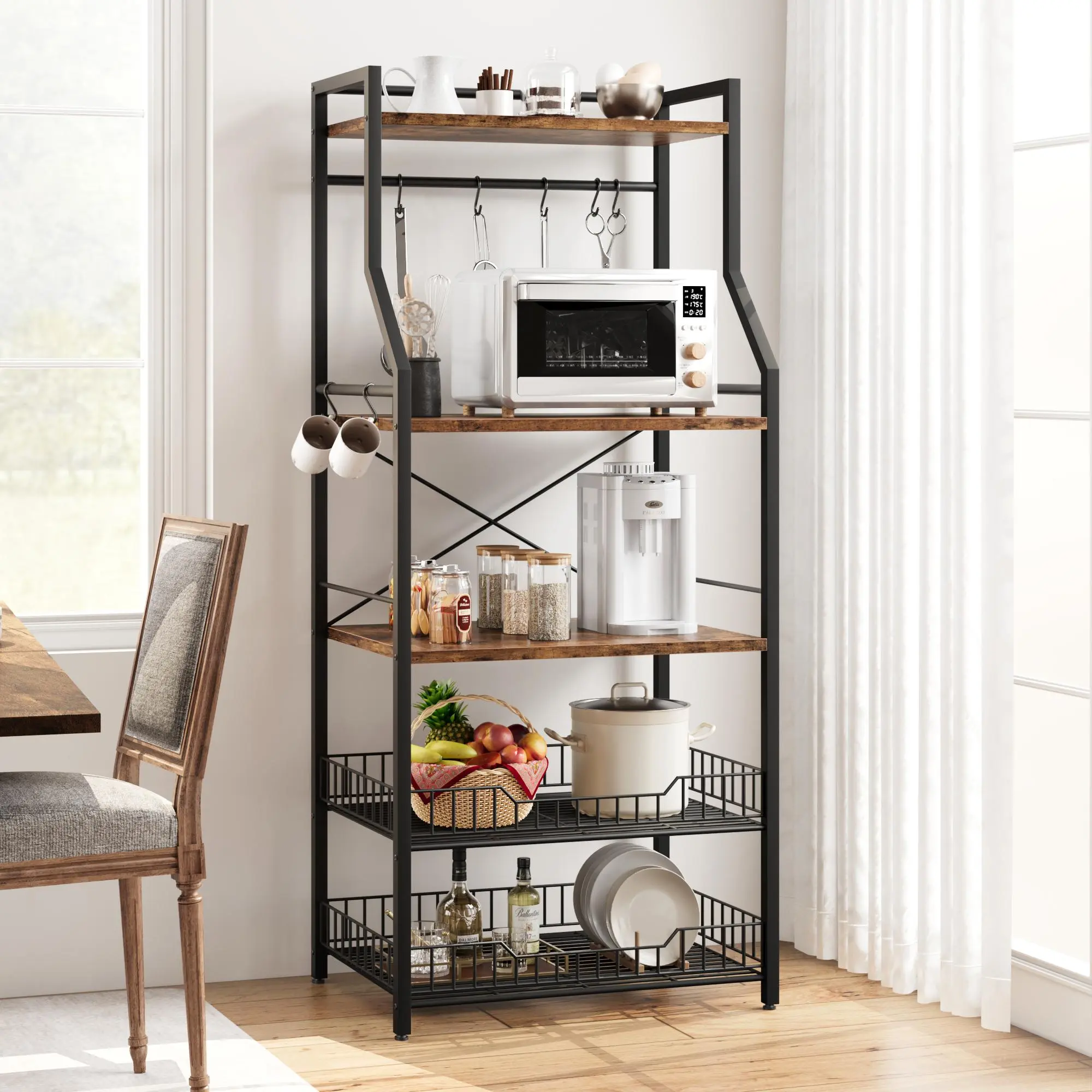 Rustic Brown 5-Tier Metal Frame Baker's Rack - Heavy-Duty Rectangular Single Unit with Baskets, Microwave Stand, 8 S-Hooks, Adjustable ft, High Strength - Industrial Coffee Bar/Pantry Organizer for Small Spaces Apartments, Sturdy Base, 700 Lbs Total, Asse