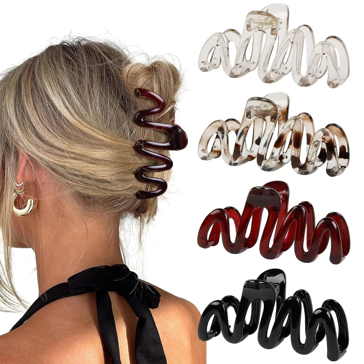 4PC Wavy Hair Claw Clips Large Squiggly Jaw Clamps Aesthetic Zigzag Hair Accessories for Thick Hair