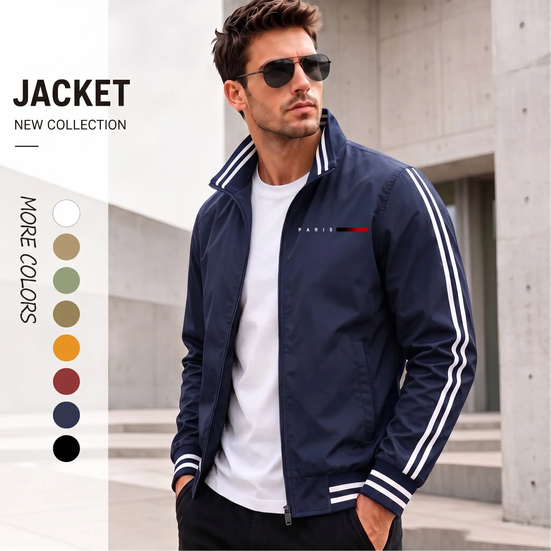 Men’s PARIS Minimal Graphic Print Lightweight Bomber Jacket – Luxury Streetwear Flight Jacket with Stripe Sleeve Detail, Clean Athletic Fit & Urban Fashion Zip-Up Design