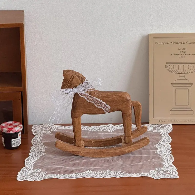 Vintage Wooden Horse Ornament, Decorative Figurine, Solid Wood Carved Rocking Horse Desktop Decor, Living Room Bedroom Kids Room Decoration
