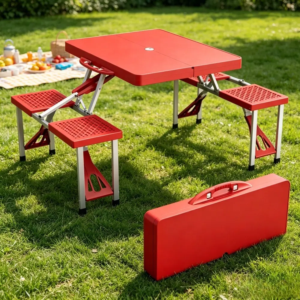 4ft Folding Picnic Table with 4 Seats, Portable Suitcase Camping Table, Aluminum Frame with Umbrella Hole, 220 Lbs Capacity for Outdoor BBQ & Gathering