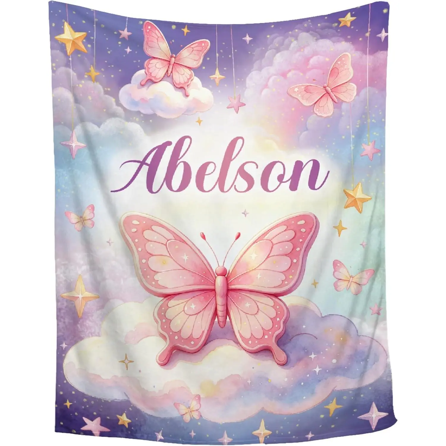Personalized Blankets - Custom Wrinkle-Resistant Fading-Resistant Flannel Throw, 30x40 in, Name-Customizable, Watercolor Blush Pink Butterfly Cloud Moon Design, Flannel Softness, Modern Multi-Size, Toddler Gift, Dreamy Nursery Art