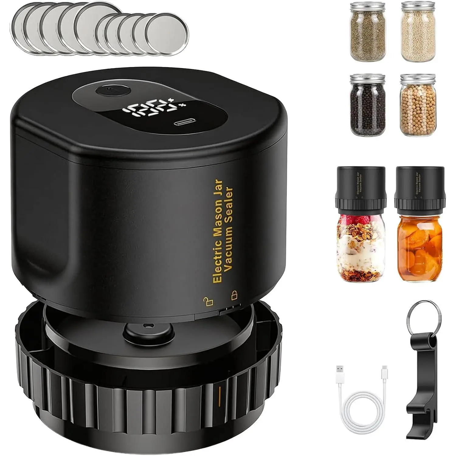 Electric Mason Jar Vacuum Sealer Kit,3 in 1 Cordless Vacuum Sealer Machine for Wide&Regular Mouth,with Can Opener, Lids and USB cable, Seal Containers for Food Storage and Fermentation