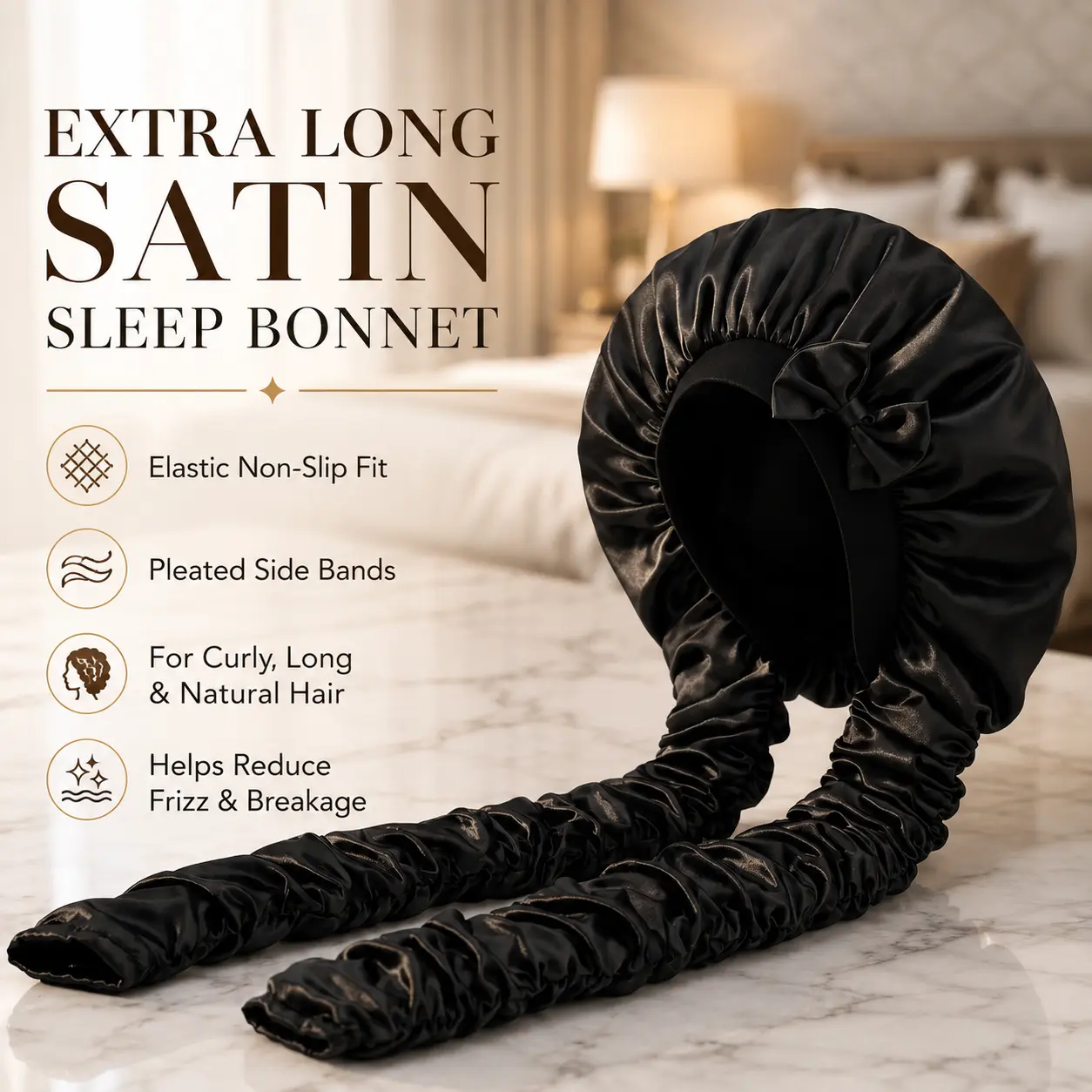 Extra Long Satin Sleep Bonnet for Women with Pleated Side Bands, Elastic Non-Slip Protective Night Hair Wrap for Curly, Long & Natural Hair, Soft Hair Care Sleeping Cap to Help Reduce Frizz & Breakage