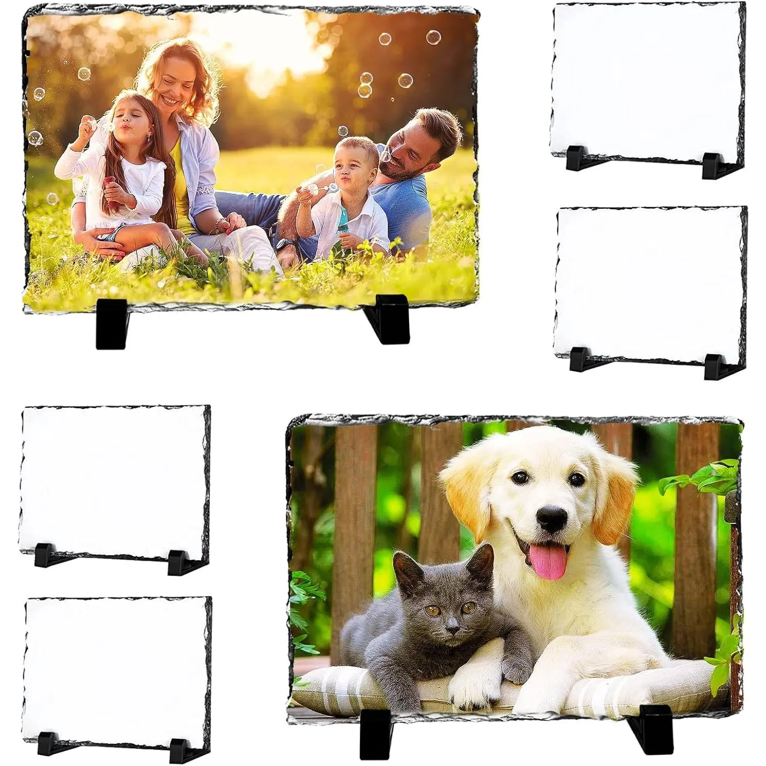 6 Pack Sublimation Slate Blanks,Heat Thermal Transfer Sheet Stone Photo Frame DIY Sublimation Blank with Display Holder for Desktop Souvenir Custom Design Work