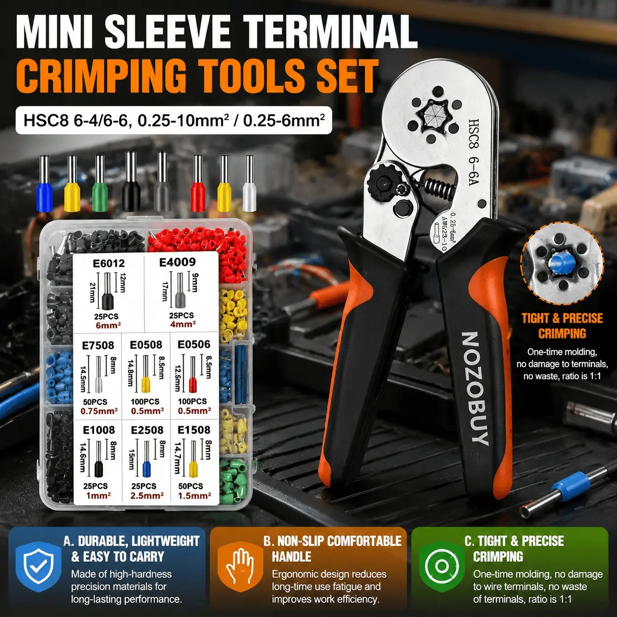 Professional Industrial Crimping Tool Kit 0.25-10mm², Anti-Slip Grip, for Automotive Electrical Wiring, Cable Terminals, and Electronics Repair. Durable, Portable Multi-Size Hand Crimper for Home Appliance & Car Wire Harness. Hand Tools