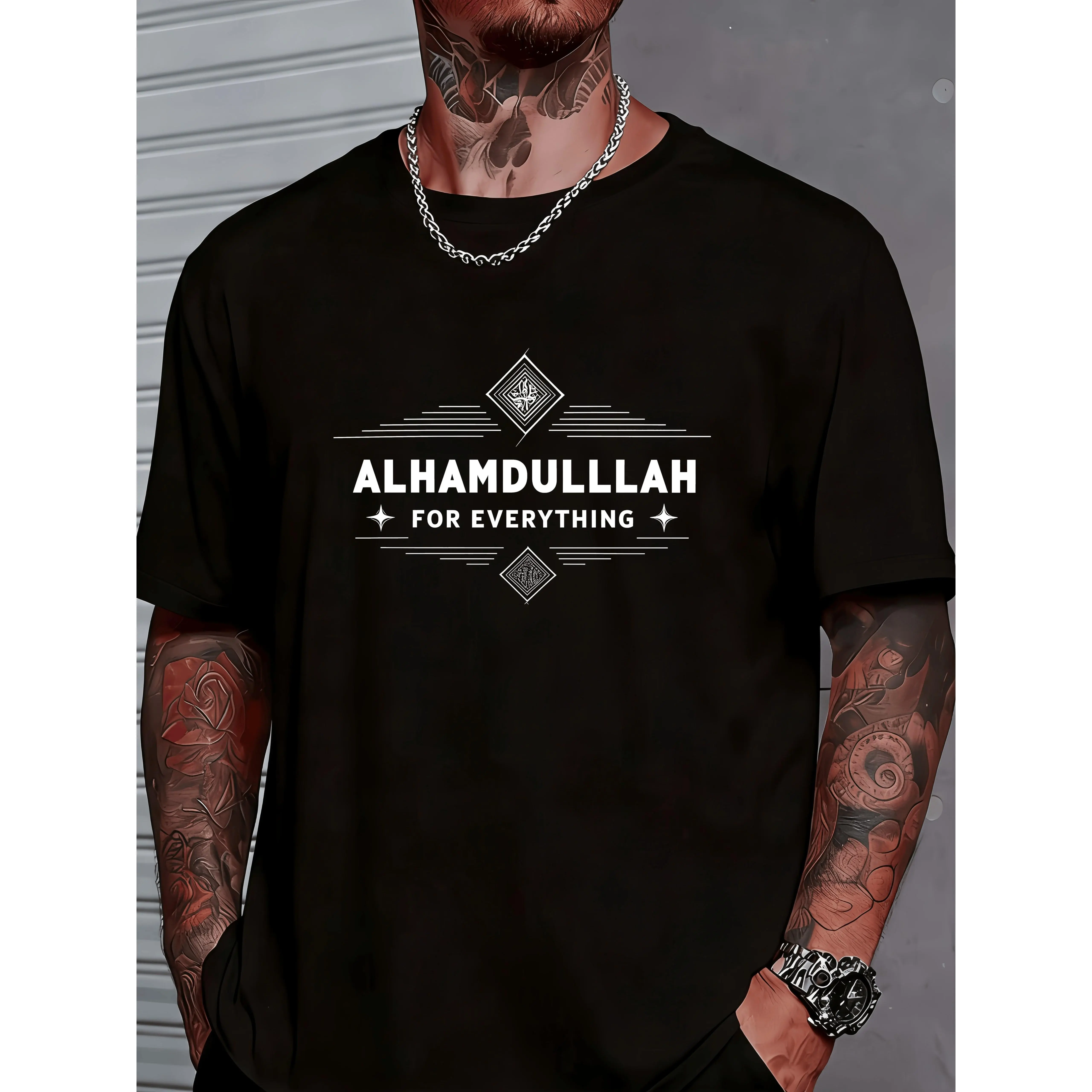 Menswear Soft Cotton Cloth Short-Sleeve Garment - Unisex Round Neck T-Shirt, "ALHAMDULLAH FOR EVERYTHING" Geometric Print, Symmetrical Lines, Faith-Focused Calm Style, Streetwear Holiday Top, Practical Design