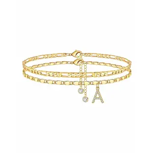 Gold Plated Initial Layered Anklet - 26 Letters Personalized Adjustable Ankle Bracelets