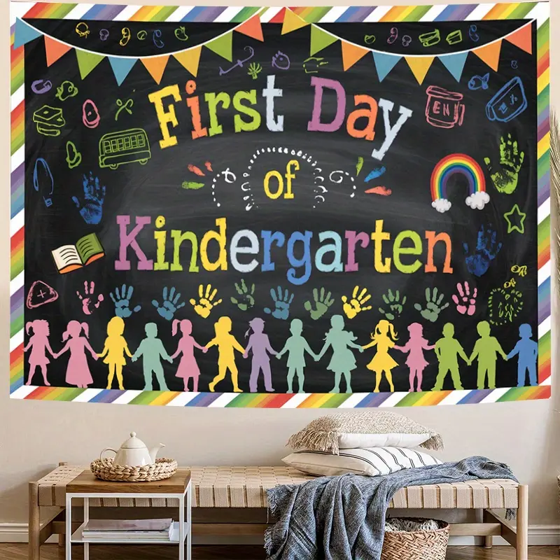 Lightweight Decorative Kindergarten First Day Polyester Tapestry Wall Banner - Preschool Classroom Theme, Wedding Gift, School Celebration & Kids Party Photo Booth Decor