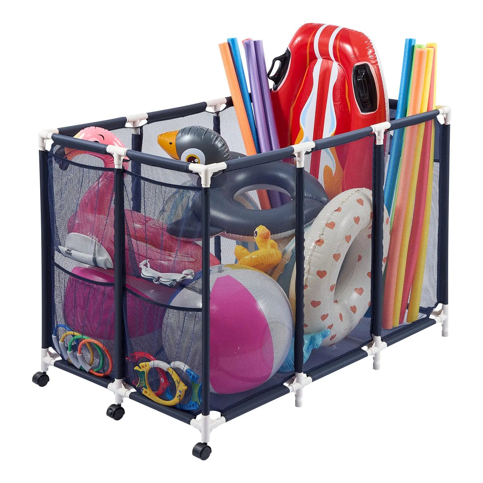 VEVOR Pool Storage Bin, 47.2 x 30.2 x 34 in, Rolling Pool Float Storage Organizer with Side Pockets & Casters, Heavy Duty Plastic Frame, Poolside Toys Noodles Holder Mesh Basket for Swimming Pools