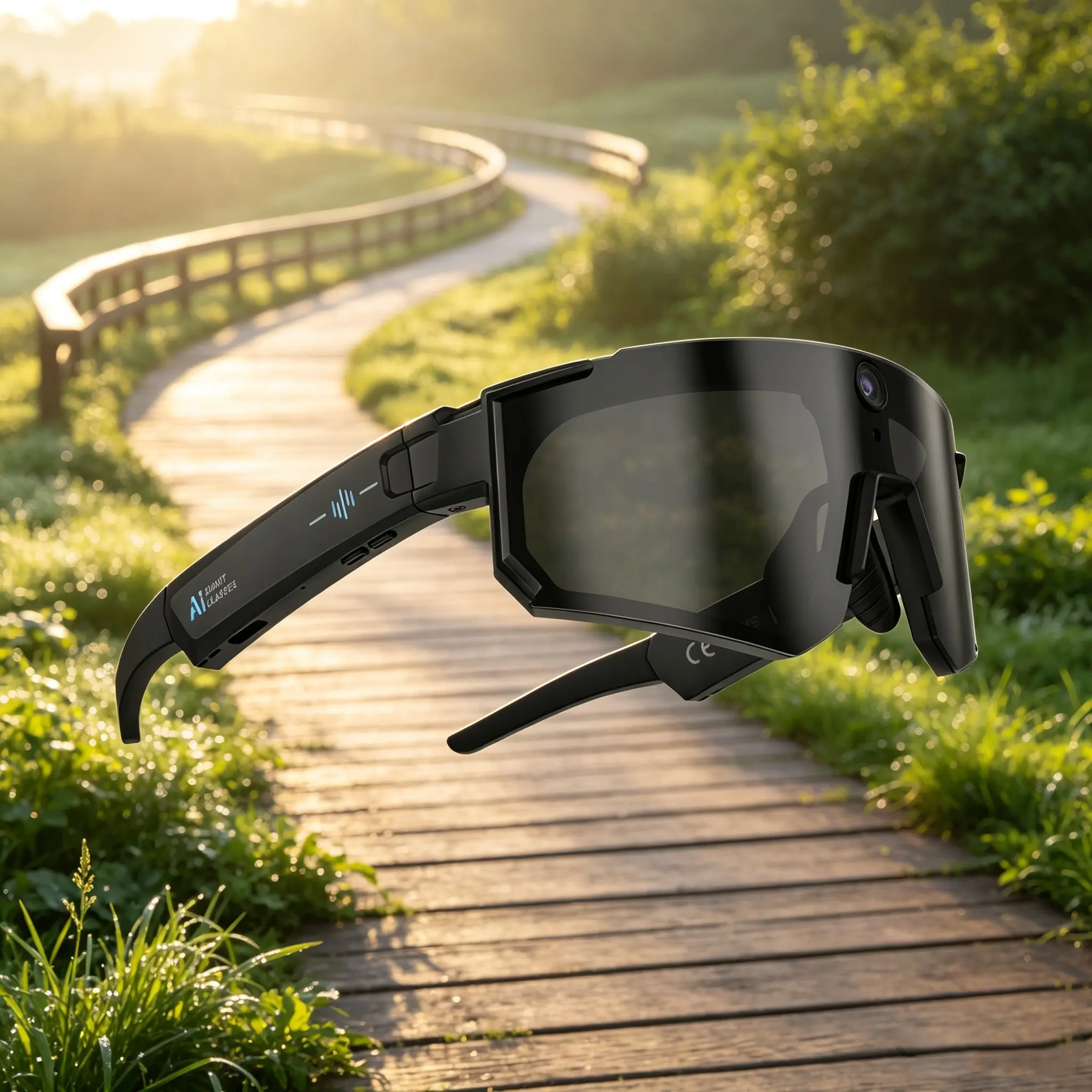 First-person view hiking and climbing camera sunglasses, 8MP camera with one-click recording, AI real-time translation and object recognition, Bluetooth calling and music, wireless WiFi synchronization of video footage.
