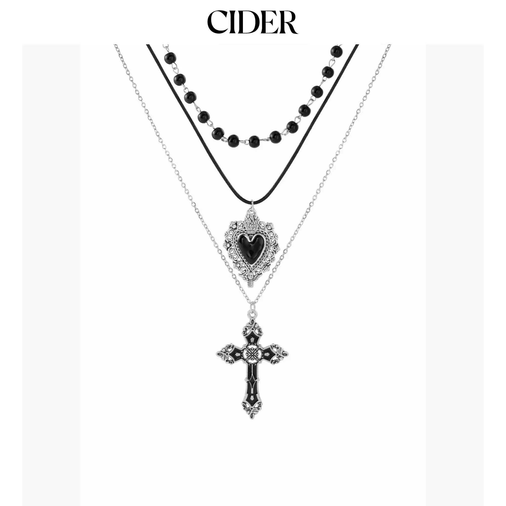 Cider HEART & CROSS & BEADED LAYERED NECKLACE