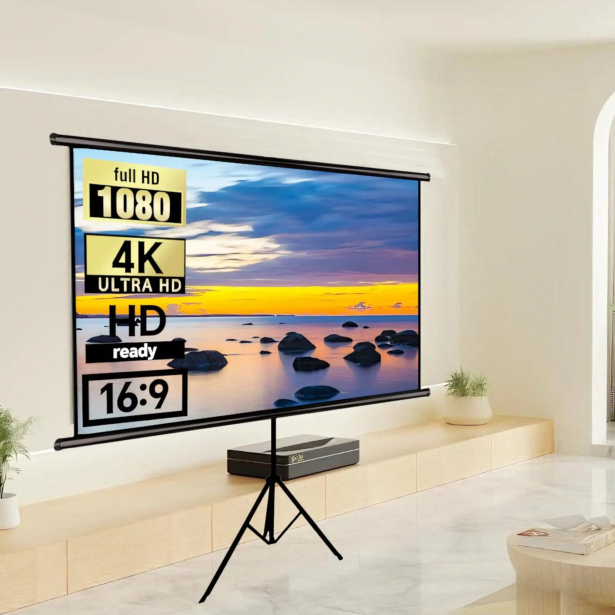 Tripod Mount Projection Screen, Movie Projection Screen, Adjustable Height Stand, Portable 4K/HD 16:9 Wrinkle-Free, Indoor Outdoor Use, Home Theater, Gaming Device, HD Projector Screen