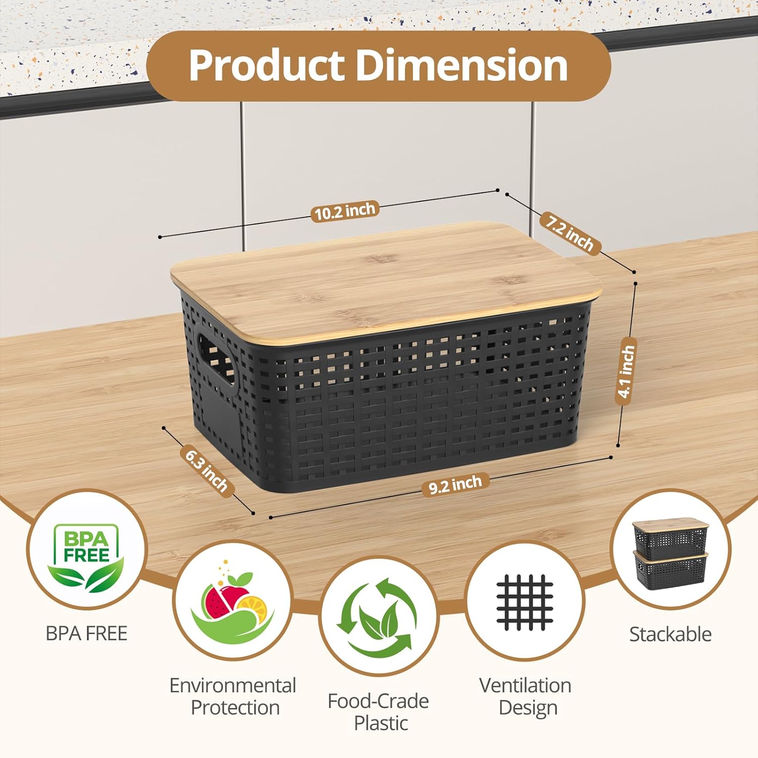 Plastic Storage Baskets with  Lids, Stackable Small Box Bins for Organizing and Containers for Shelves Drawers Desktop Closet Pantry Classroom Office Home, 6 Pack 10.2x7.2x4.1 Inch, Black