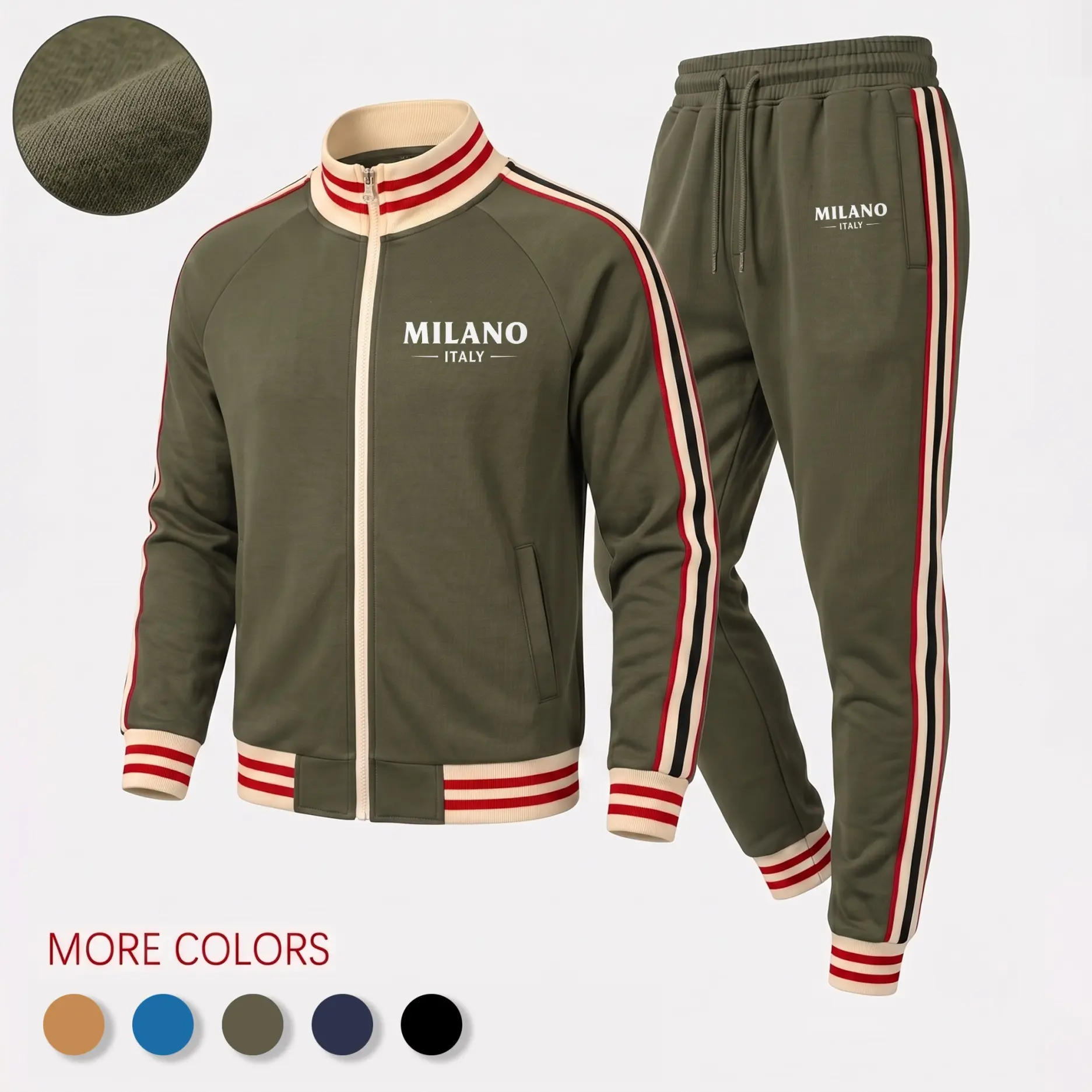 Men’s Retro Milano Graphic Two-Piece Tracksuit, Zip Track Jacket with Ribbed Trim and Matching Elastic Waist Jogger Pants, Contrast Side Stripe Sportswear Set for Casual Wear, Walking and Travel