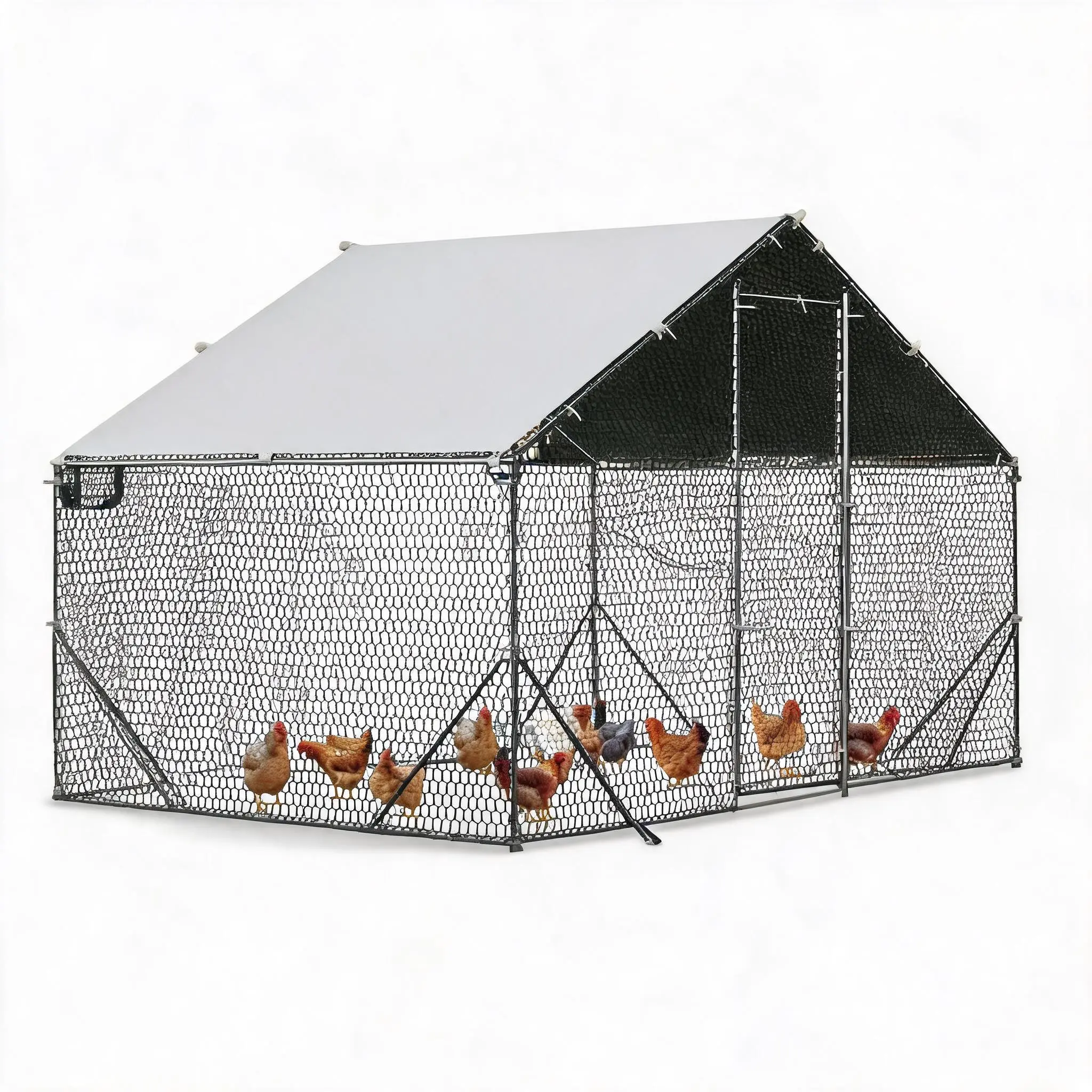 Outdoor Walk-In Chicken Run Metal Cage with Spire Roof, Secure Lockable Doors and Waterproof Anti-UV Cover, Versatile Shelter as Hen House, Duck Coop & Rabbit Run