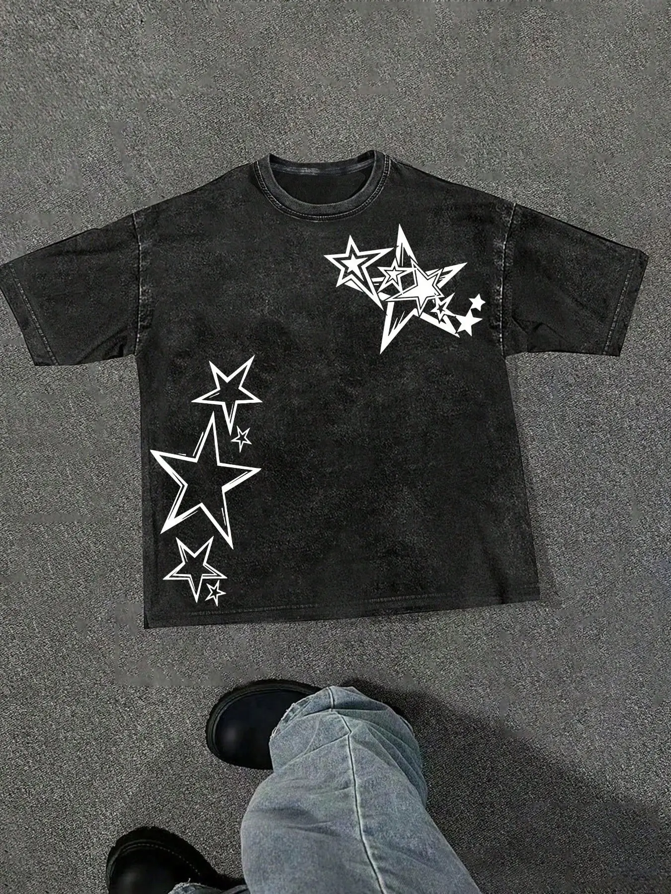 Men's Summer Star Pattern Casual Streetwear Style Short Sleeve T-Shirt, 100% Pure Cotton, Outdoor Leisure Wear, Loose Fit, Oversized