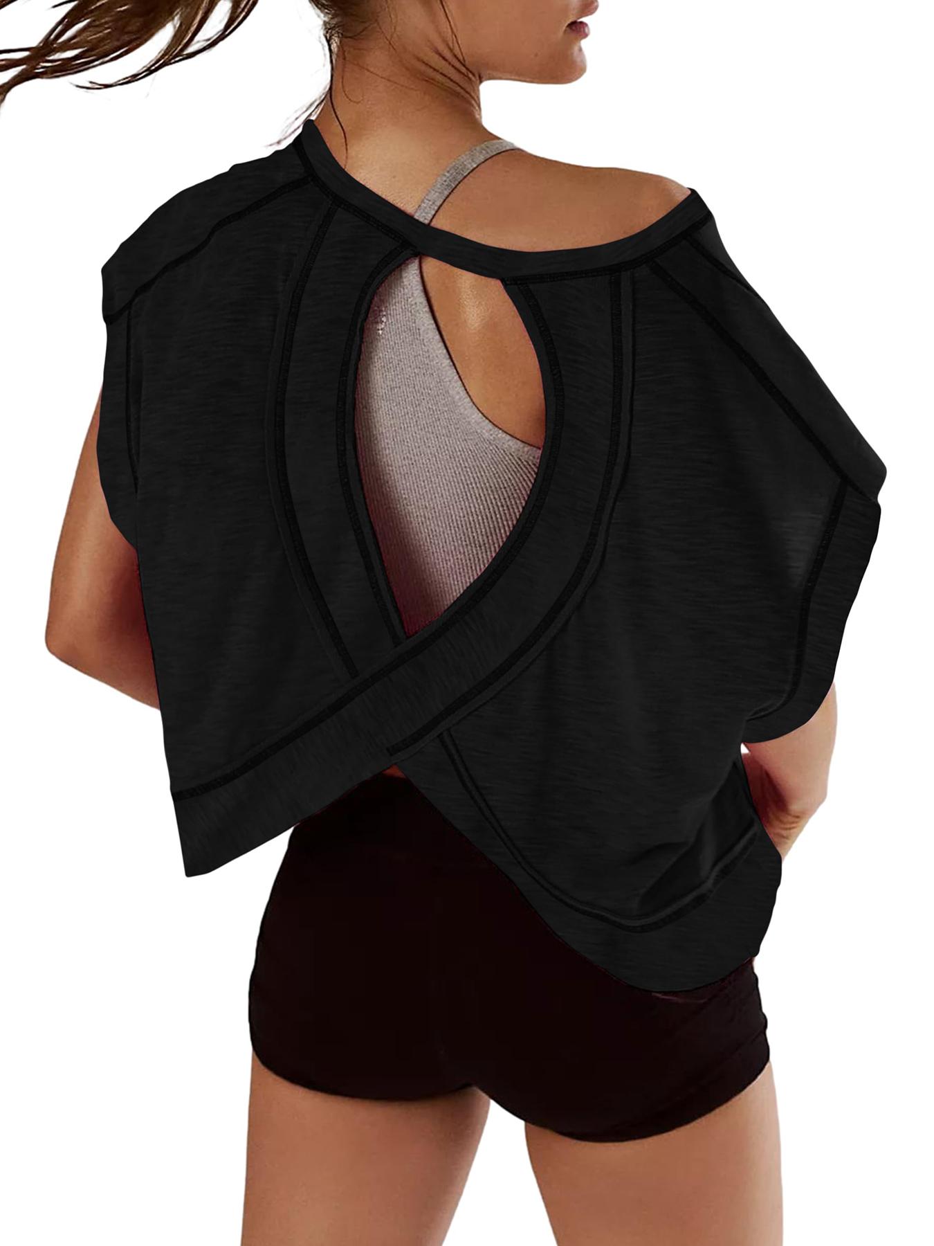 Renaishow Women's Open Back Workout Top Oversized Backless Athletic Short Sleeve T-Shirt for Gym & Casual Wear tiktokshopspringglowup