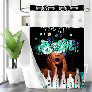 LVRLVR 1pc Mint Green Floral Self Love Melanin Woman Shower Curtain, Solid Black Background Curly Hair Lady YOU ARE Affirmation Bottle Print, Sheer Top Window, Detachable Liner & Hook-Free Integrated C-Ring, 70.8" x 74"