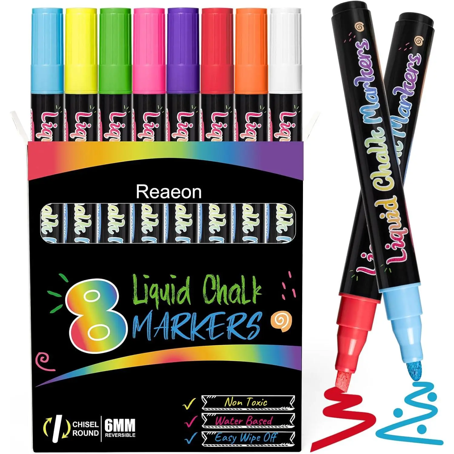 Chalk Markers,  Color Liquid Chalk Pens, for Chalkboard, Blackboard, Window, Glass, Mirror, Water-Based, , 6mm Reversible Tip, 8 Pack