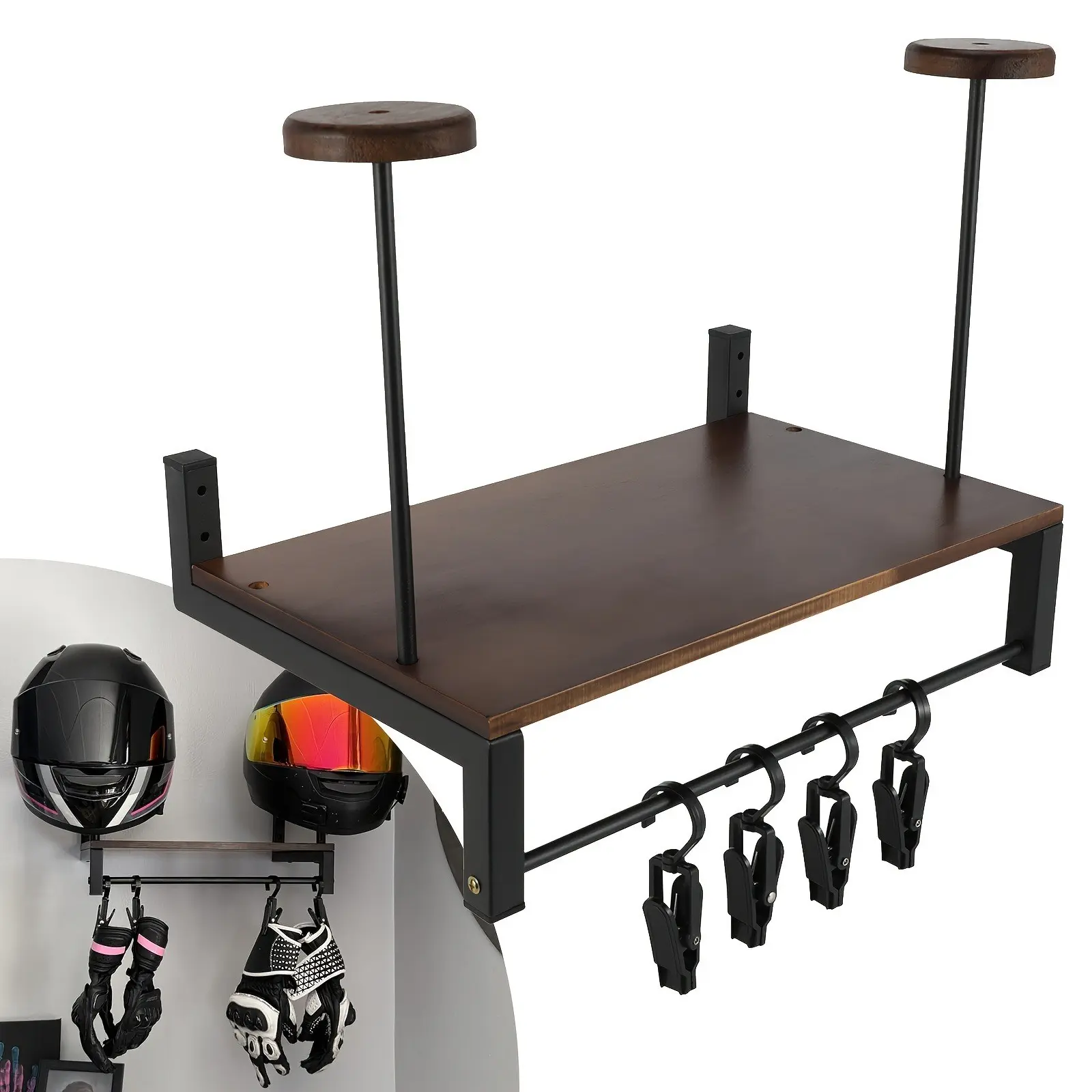 Motorcycle Helmet Holder Wall Mount, Wooden, 4 Glove Clips, Gear Rack Storage, Accessories Organizer, Entryway or Garage, Motorcycle Essentials