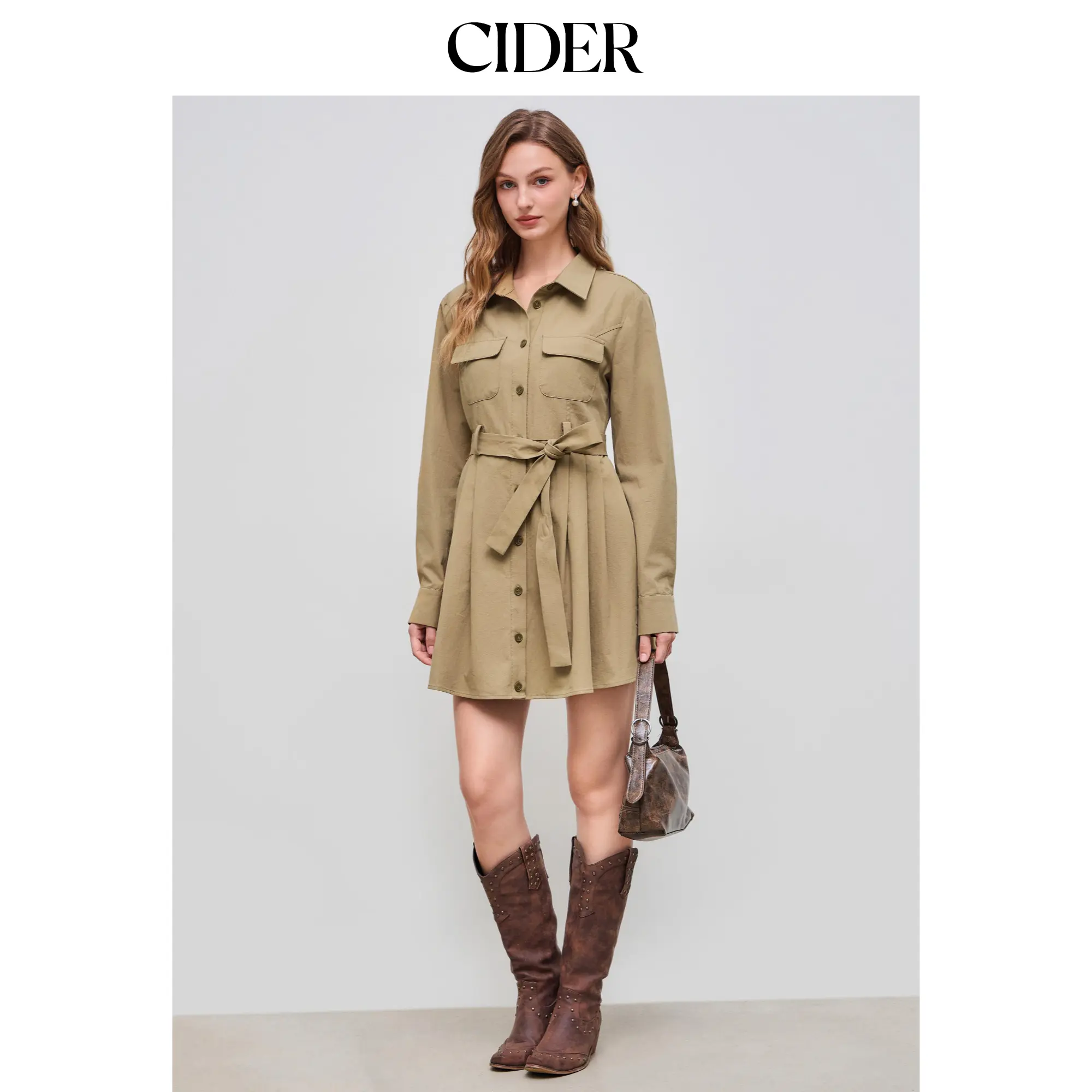 Cider [size 0-10] Collar Solid Pocket Button Long Sleeve Mini Dress With Belt SummerFinds