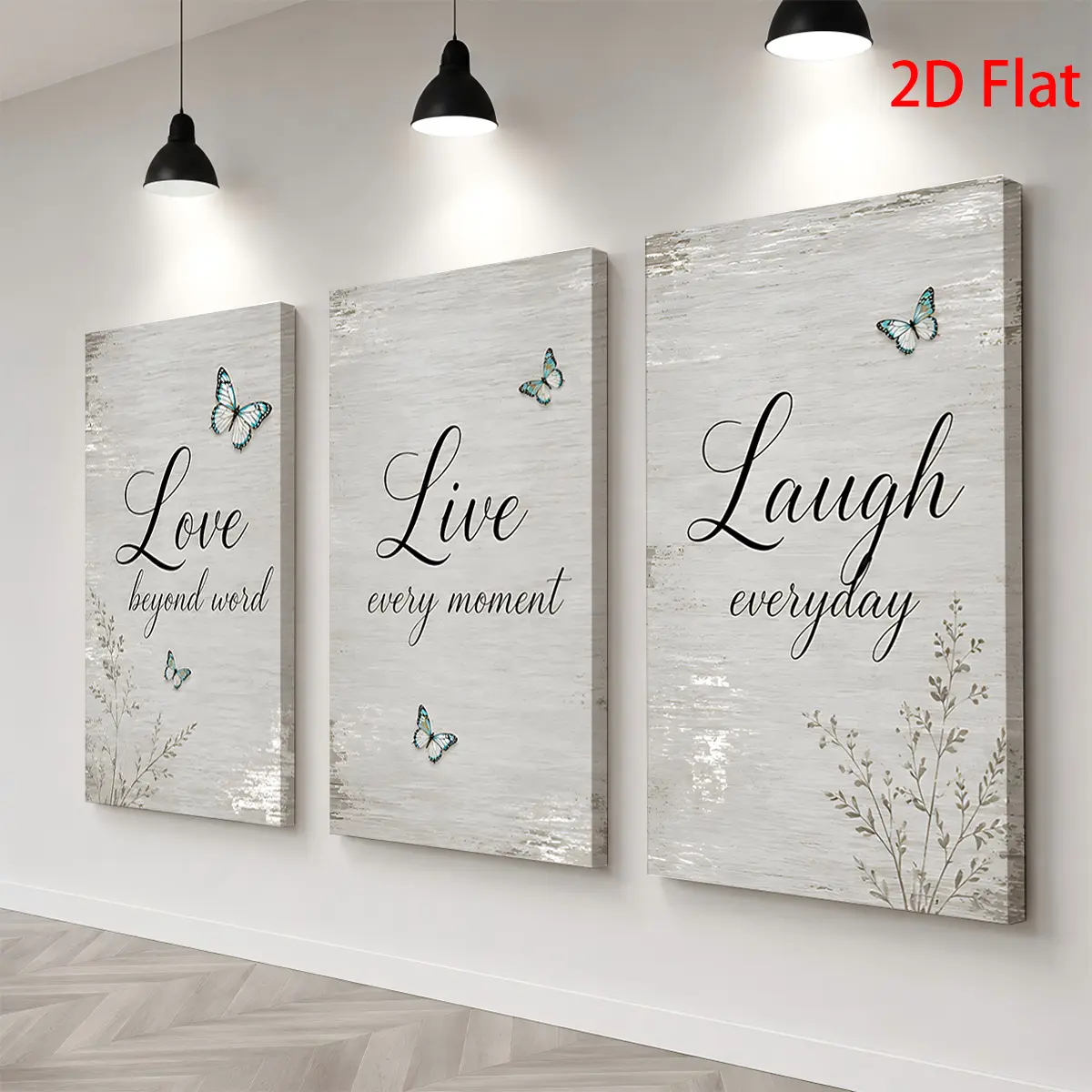 Three-piece 2D flat paintings - three canvas artworks with the themes "Love, Live, Laugh" and butterflies, featuring a wood grain texture. Waterproof canvas prints, ready to hang. Suitable for home room decoration, and can be used as gifts for Father's Da