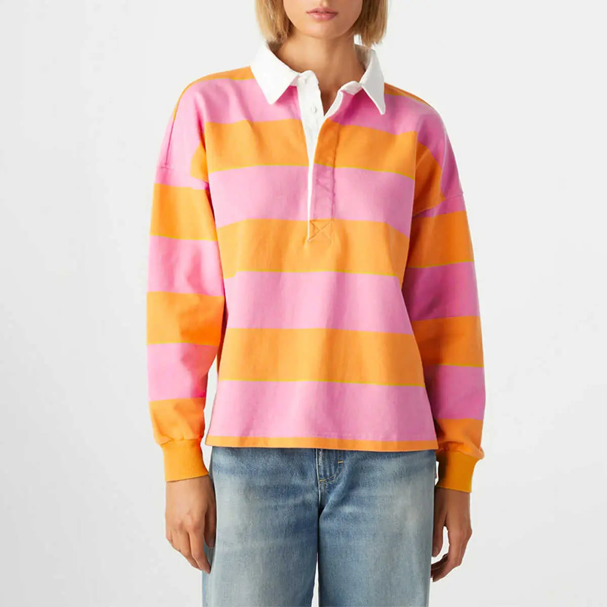 Yellow Stripe Color Block Polo Collar Sweatshirt