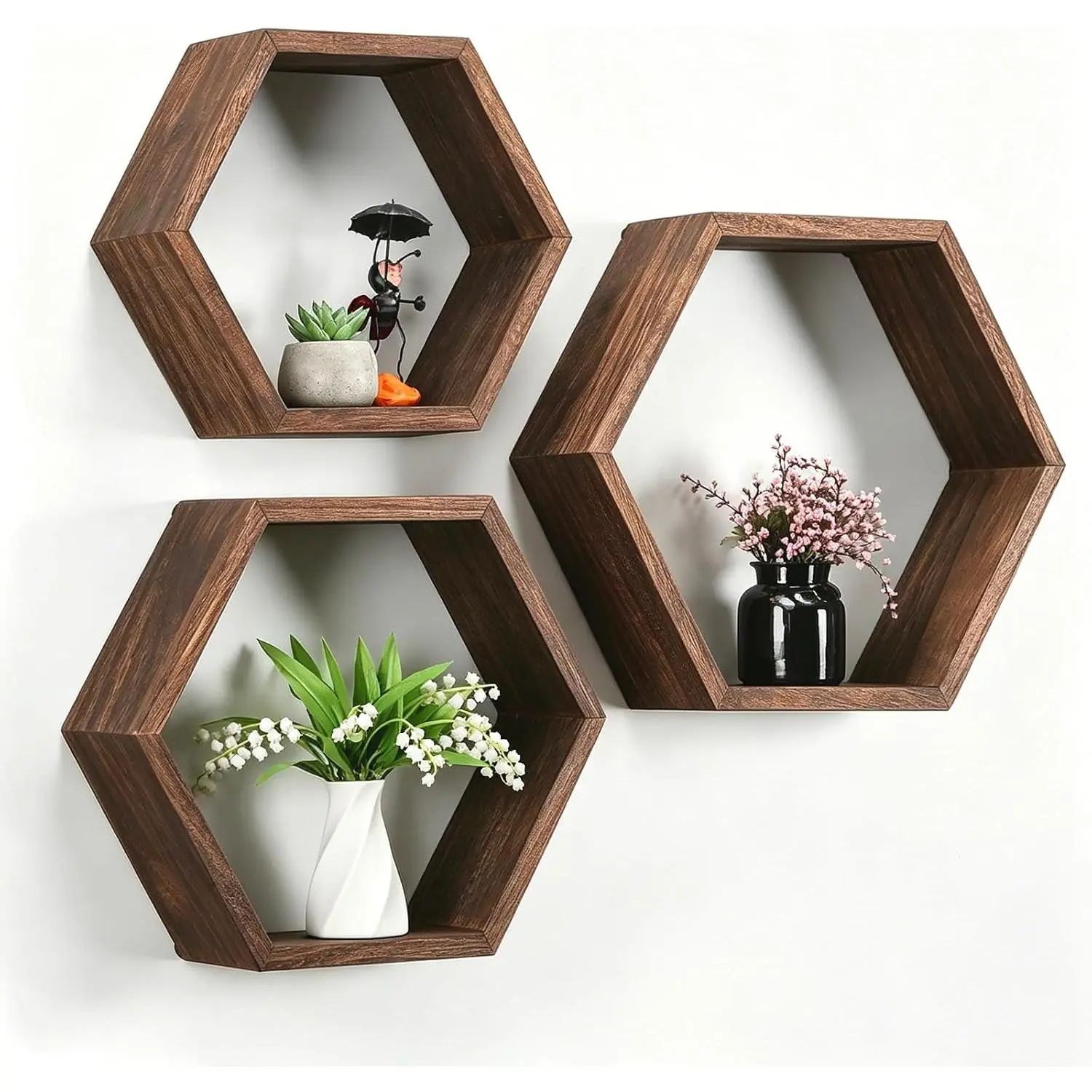 Hexagon Floating Shelves, Set of 3 Wall Mounted Honeycomb Display Shelf, Wood Hexagonal Hanging Storage for Home Bedroom Living Room Hallway Office Decor Rustic Brown