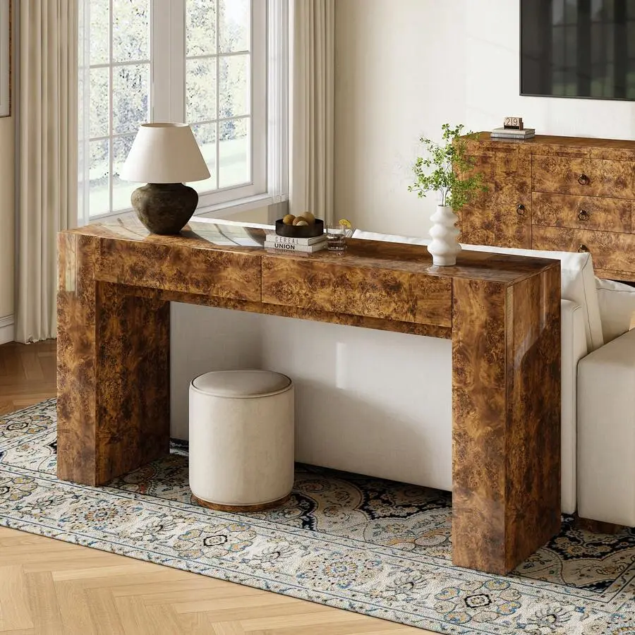63" Burl Wood Console Table, Modern Gloss Entryway Table With 2 Storage Drawers, Long Sofa Table Living Room Or Hallway