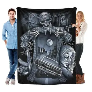 Chicano Style Skeleton Lowrider Flannel Throw Blanket Ultra Soft Cozy Fleece All Season Urban Gang Art Man Cave Bedroom Blanket