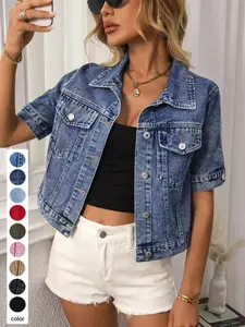 Women's Classic Short Sleeve Denim Jacket, Casual Single Button Short Denim Collar Top, Summer Outerwear, Loose-Fitting
