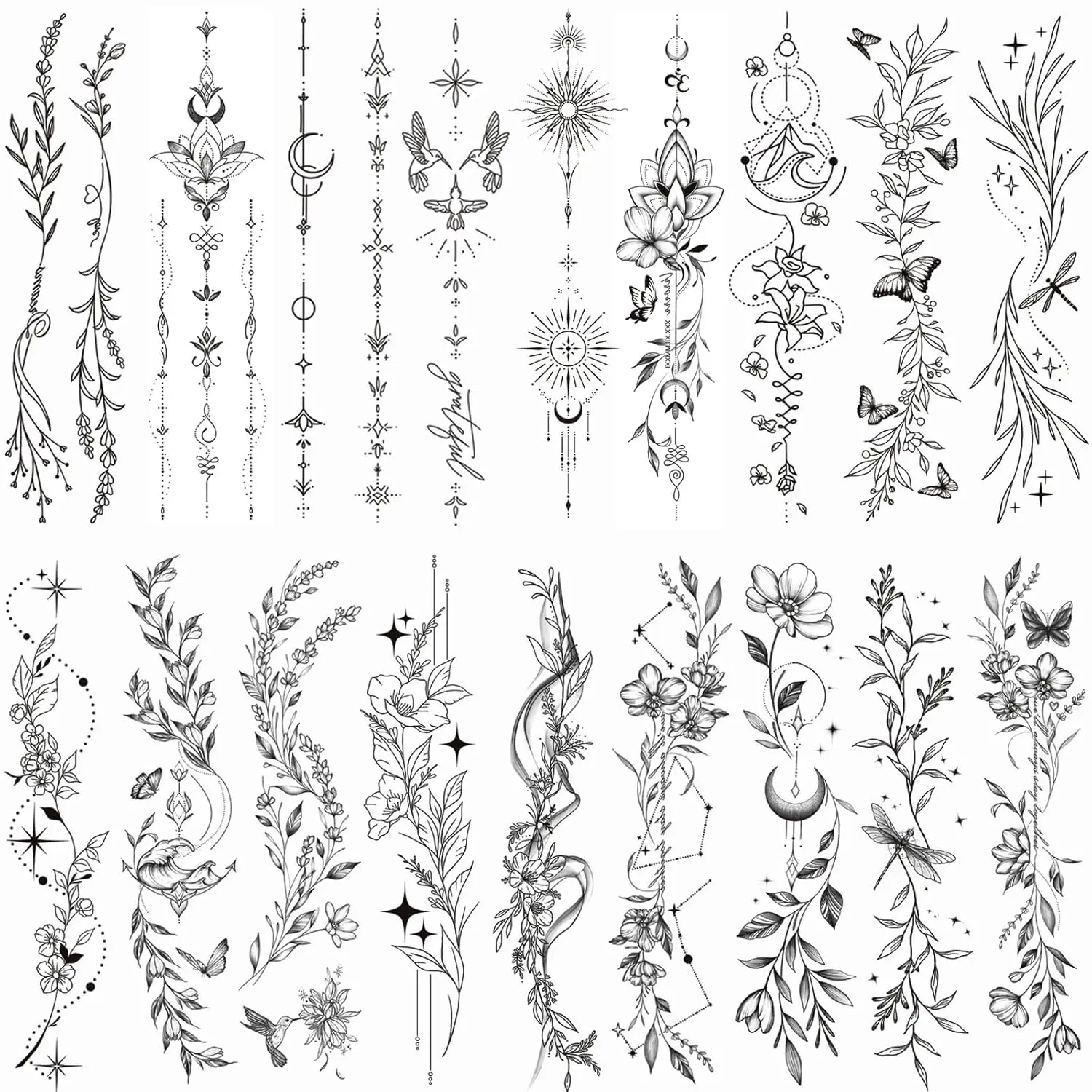 24 Sheets Black Flower Temporary Tattoos For Women Girls | Leaf Wild Plants Sketch Realistic Long-lasting Tattoo Stickers Waterproof Tattoo Sets for Arm Leg Backbone Body Art