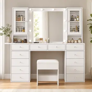 Vanity with Power Outlet [Shipping By 2 Packages] Vanity Desk with Mirror and 10 LED Lights, Makeup Vanity with 12 Drawers and 2 Cabinets, Fold-up Panel, Glass Top Vanity Table with Chair for Bedroom,SummerVibe