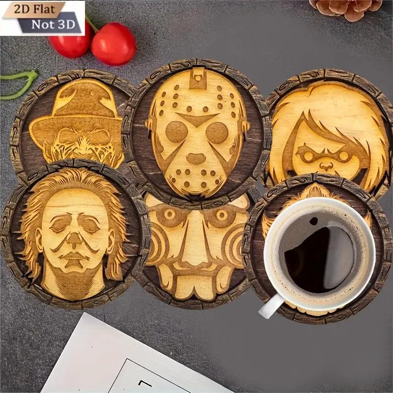 6pcs Horror-Themed Wooden Coaster Set, Decorative Coaster - Suitable for Drinks, Office, Kitchen, Dining Table Use. Non-slip and Heat-resistant, Featuring Bright Colorful Graphic Designs. Ideal for Home and Restaurant Decor, Holiday Gift