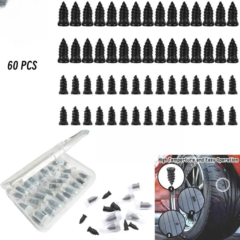 60Pcs Tire Repair Screws Plug Kit with 1 Screwdriver Self Service Tire Repair Vacuum Rubber Nails for Car Motorcycle Truck Tractor Fast Puncture Repair Supplies
