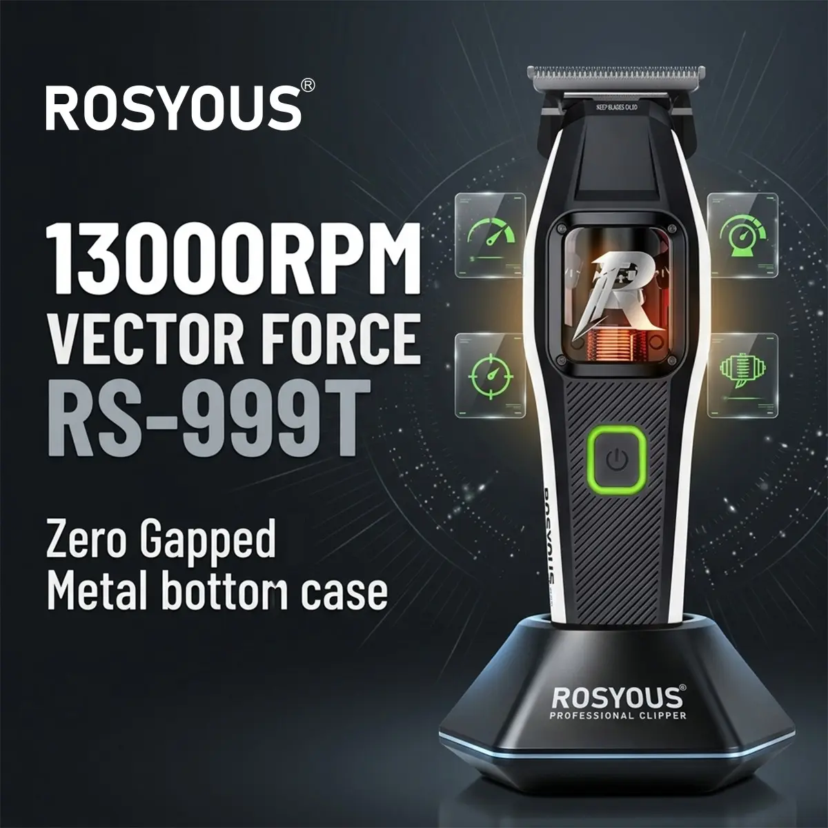 ROSYOUS RS-999T Hair Trimmer for Men DLC T-Blade 0 Gap Magnetic Vector Motor with Dock Metal Body USB Professional Hair Clipper