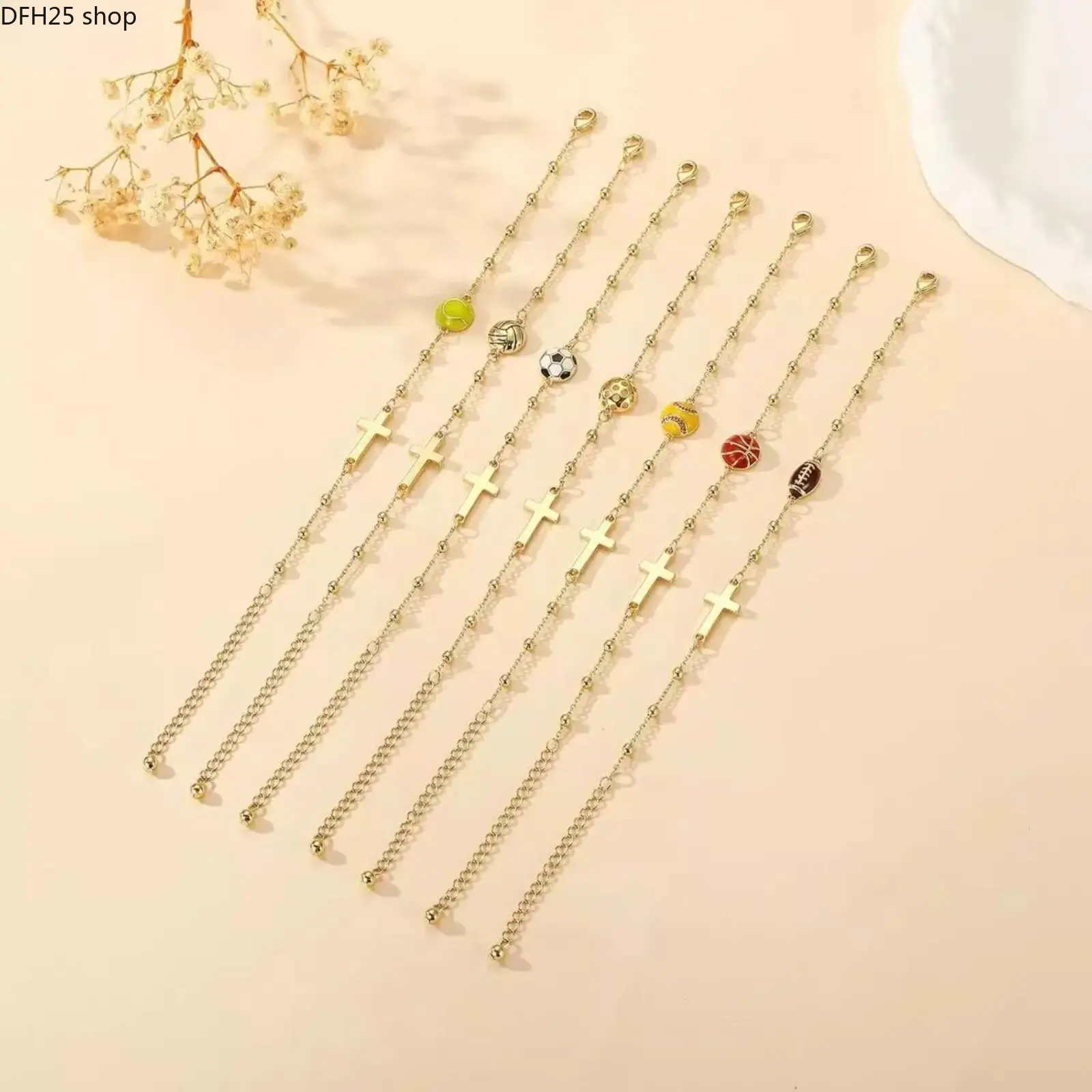 Sports Ball Beaded Bracelet for Women, Volleyball Basketball Soccer and Softball Charm Jewelry with Cross Detail for Daily Casual Wear