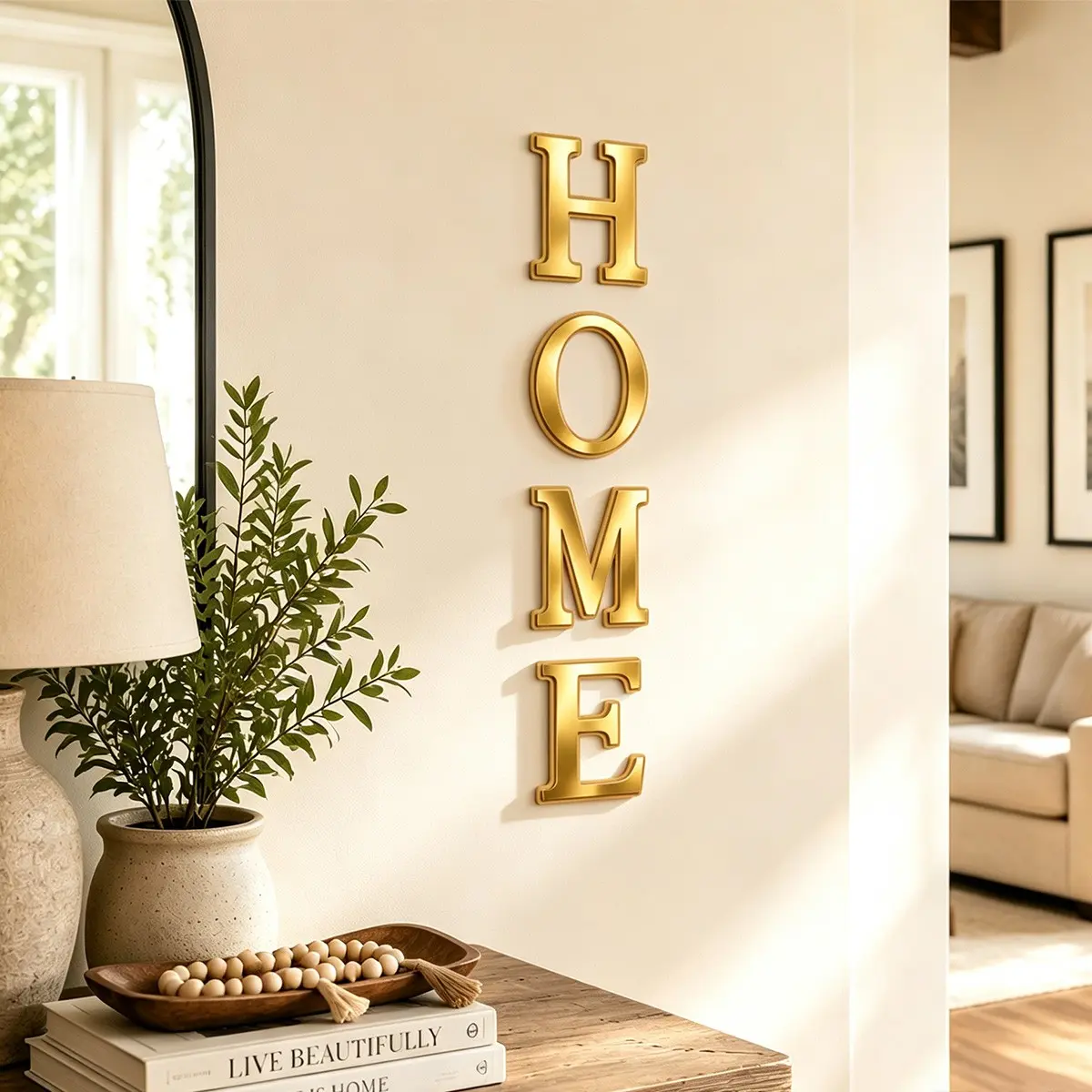 4pcs/set Gold "HOME" Wooden Frame Acrylic Mirror Wall Sticker, Decorative Decal, Acrylic Mirror Tiles, Shatterproof Flexible Mirror Sheets, Home Decor