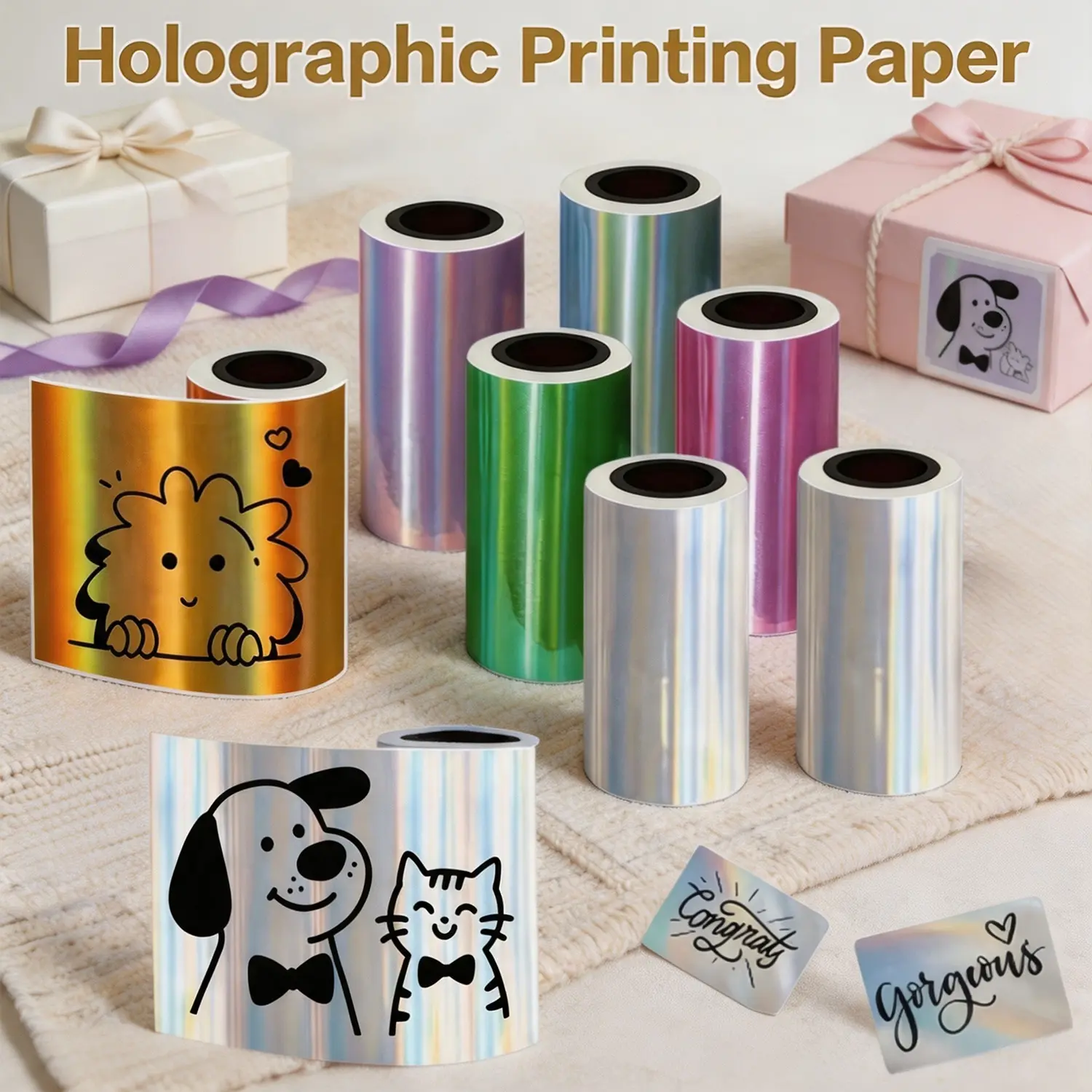Holographic Laser Sticker Set (8 Rolls of Holographic Color-Printable Self-Adhesive Paper) | Compatible with Thermal Label Printers | Suitable for DIY Journal Stickers, QR Code Labels, and Study Supply Organization Labels (Supports Portable Wireless Print