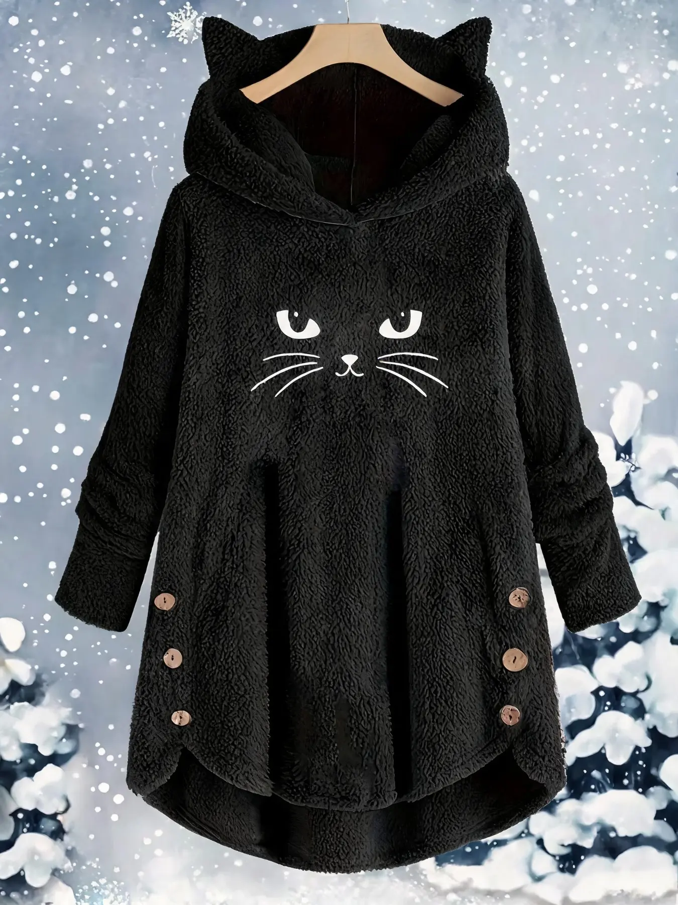 Women's Hooded Fuzzy Coat, Cute Cartoon Cat Print, Cat Ear Design, Warm Plush Winter Jacket, Casual Home Wear, Ladies' Outerwear