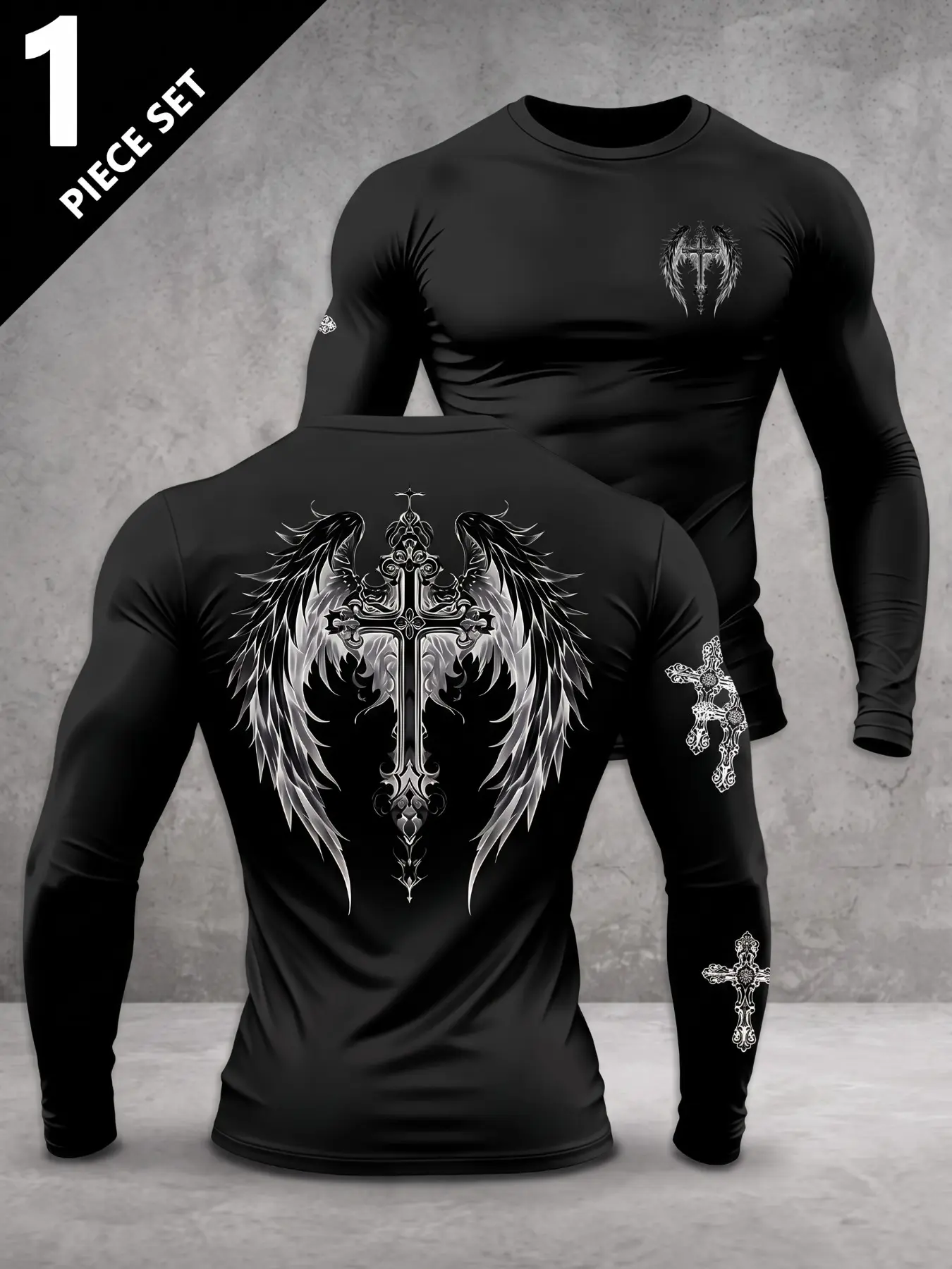 1 PIECE Polyester Men Slim Fit Crew Neck Long Sleeve T-Shirt, Y2K Wing Cross Gothic Front Back & Sleeve Graphic Compression Tee, Sport Punk Streetwear Tops, Compression Sports Tee, men clothing, For Spring Fall