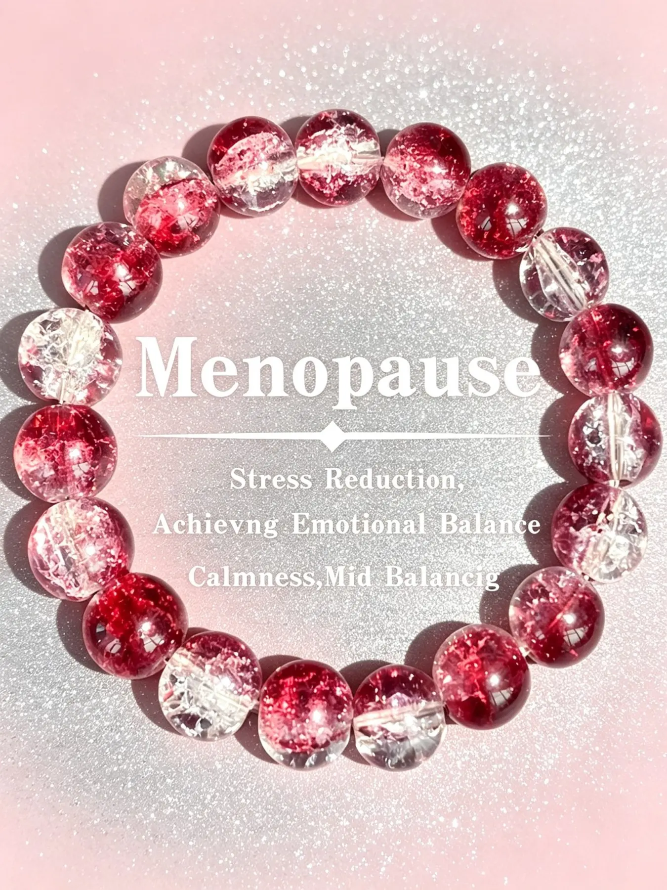 Menopause Gradient Rose Red to Clear Crackle Glass Round Bead Stretch Bracelet, Midlife Emotional Calming Wristband for Mature Women, Soothing Gift for Stress Reduction, Steady Emotional Balance & Gentle Midlife Transition Calmness