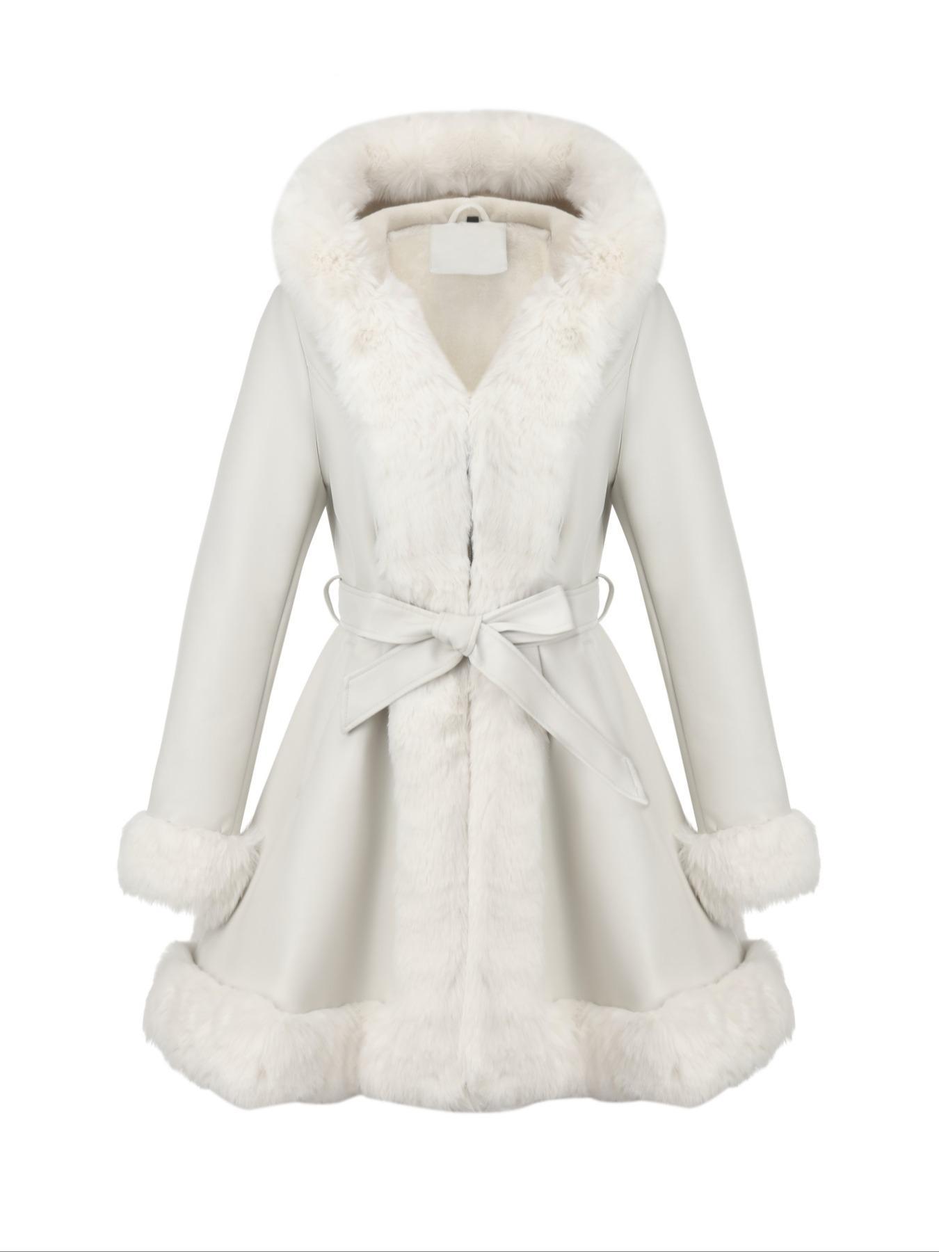 Giolshon Women's Fall & Winter PU Long Jackets, Warm Casual Hooded Fitted Coats with Detachable Belt and Faux Fur, Everyday Stylish Aesthetic Outerwear Womenswear