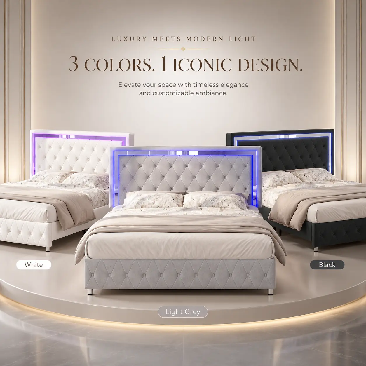 Full/Queen Size Velvet Upholstered Platform Bed Frame With LED Lights, Headboard & Footboard - No Box Spring Required, Light Grey