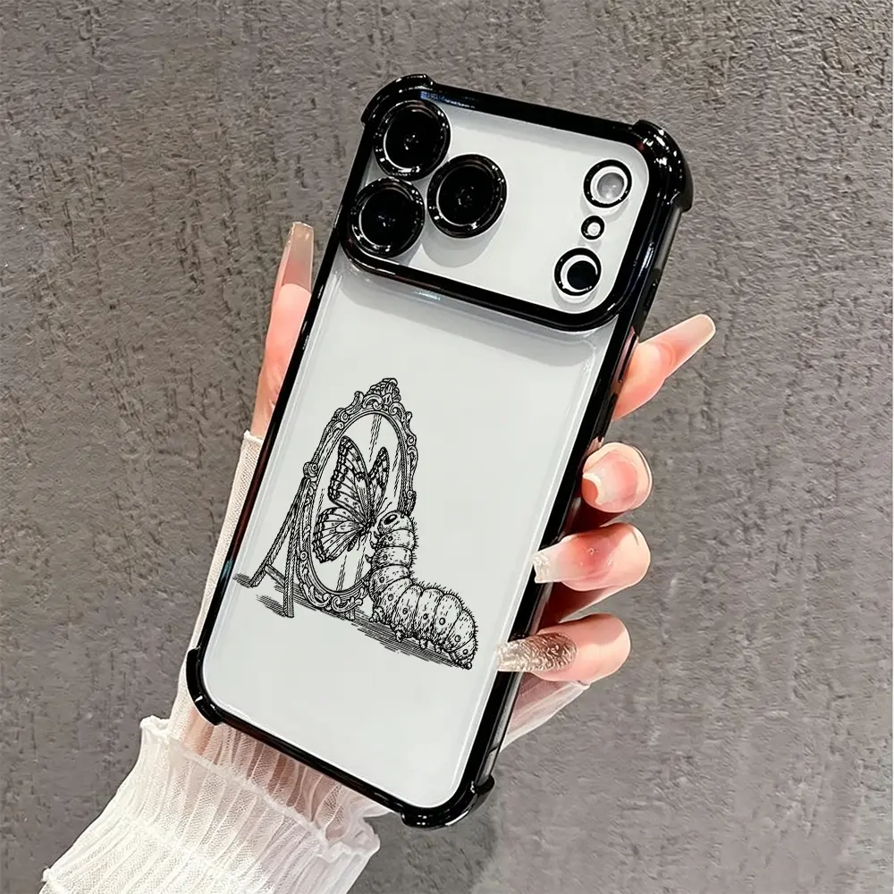 Caterpillar Mirror Butterfly Phone Case, Retro Engraving Sketch Style for iPhone 17 16 15 14 13 12 11 Plus Pro Max, Inspirational Art Gift